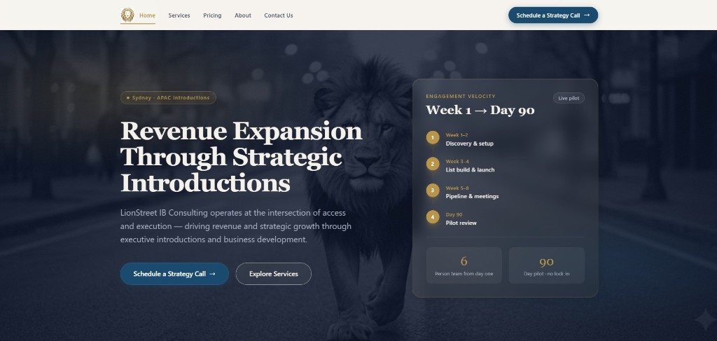 LionStreet IB Consulting redesigned homepage — dark editorial split hero with Engagement Velocity timeline panel and refined navigation